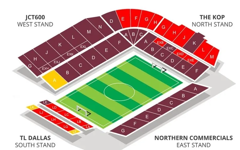 Sơ đồ bố trí các khán đài và khu vực bên trong sân vận động Valley Parade