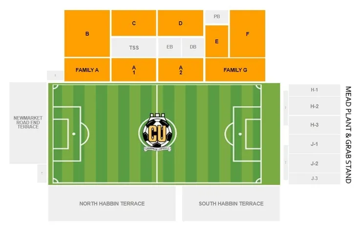 Sơ đồ bố trí chỗ ngồi chi tiết của sân vận động Abbey Stadium, giúp khán giả dễ dàng tìm vị trí.