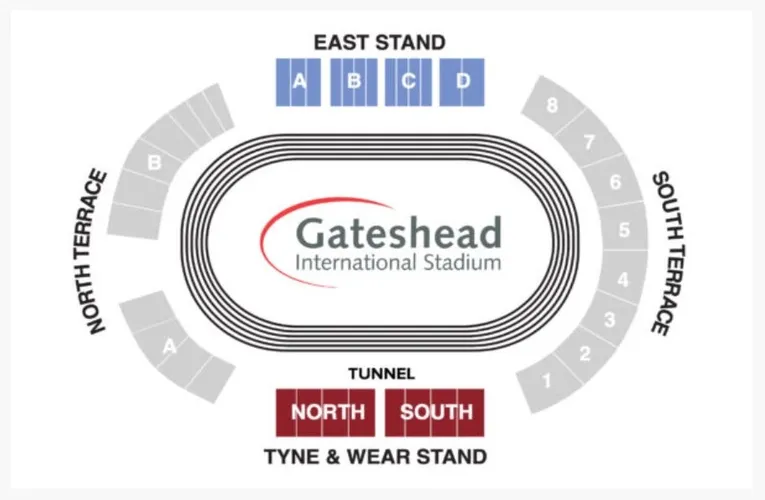 Sơ đồ chi tiết các khán đài và khu vực chỗ ngồi tại Gateshead International Stadium