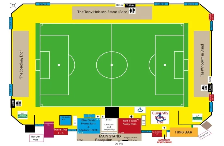 Sơ đồ chi tiết các khu vực khán đài và chỗ ngồi tại Bob Lucas Stadium, sân nhà Weymouth FC
