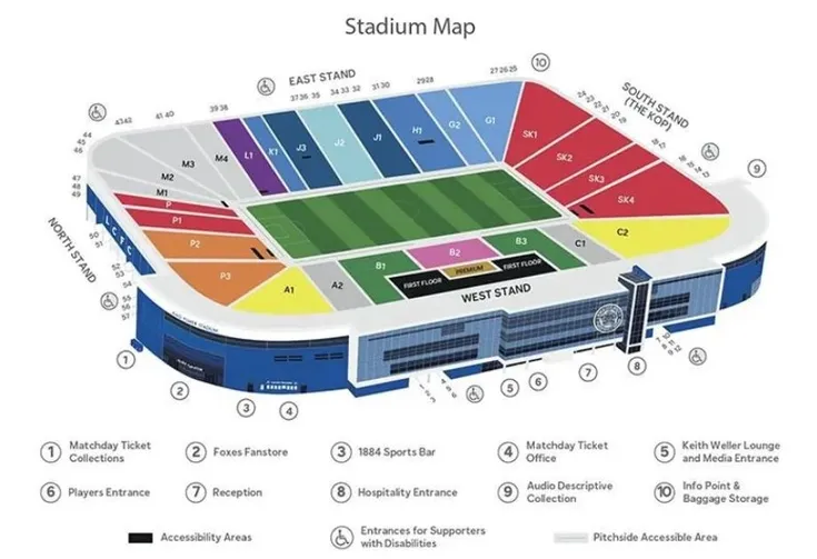 Sơ đồ chỗ ngồi chi tiết của King Power Stadium, hướng dẫn vị trí các khán đài