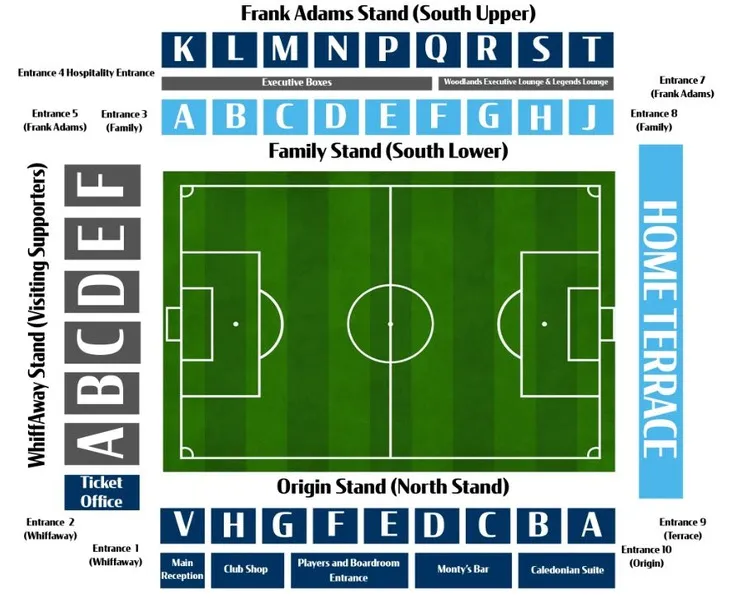 Sơ đồ chỗ ngồi chi tiết của sân vận động Adams Park năm 2024, hướng dẫn vị trí các khu vực khán giả.