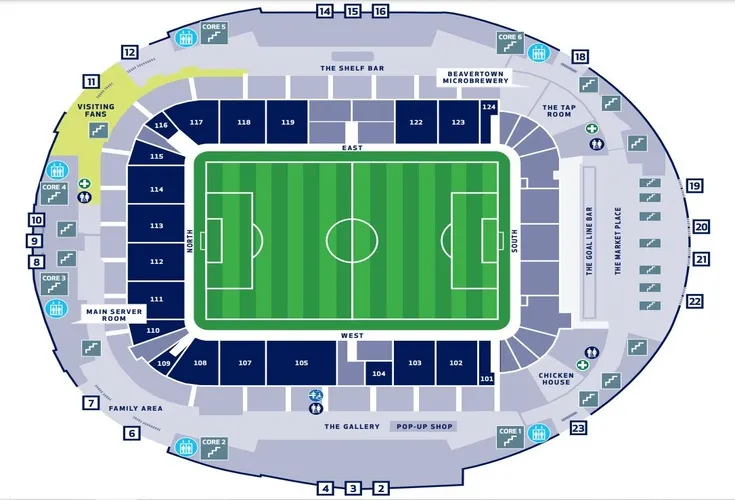 Sơ đồ chỗ ngồi chi tiết của Tottenham Hotspur Stadium, hiển thị các khán đài