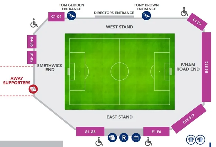 Sơ đồ sân vận động The Hawthorns với các khán đài và khu vực khác nhau