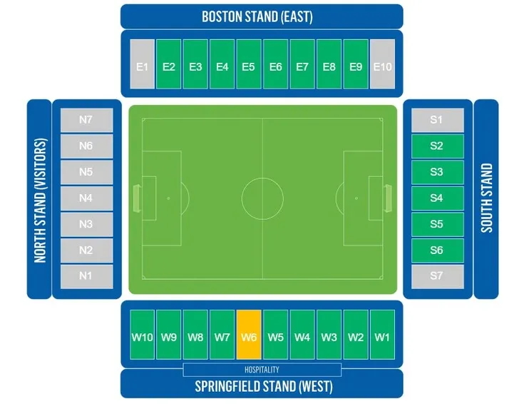 Sơ đồ tổng thể sân vận động Brick Community Stadium, minh họa vị trí các khán đài và khu vực chỗ ngồi.