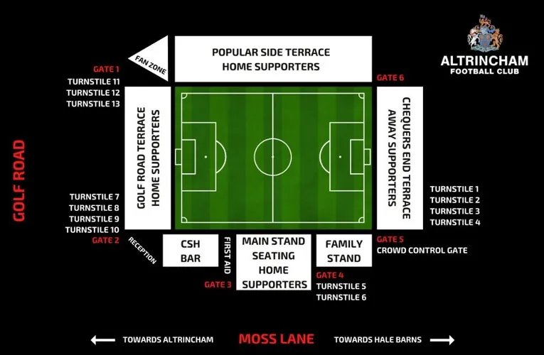 Sơ đồ tổng thể sân vận động J Davidson của Altrincham FC, thể hiện các khán đài