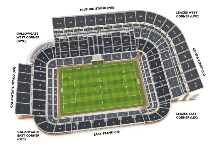 Sơ đồ tổng thể sân vận động St. James' Park Newcastle, hiển thị các khán đài và khu vực